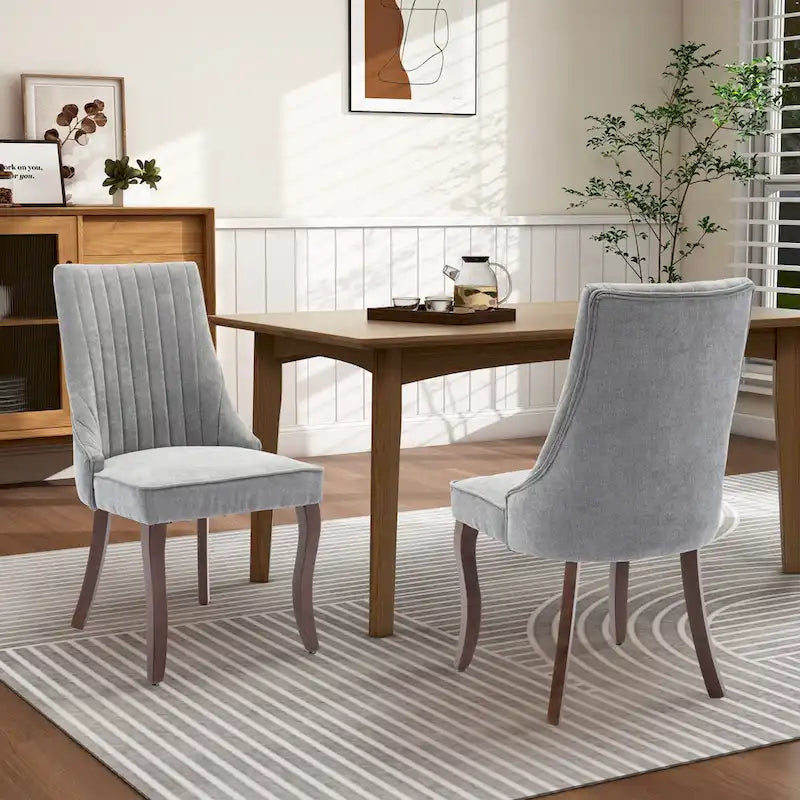 Upholstered Dining Chairs - 19.7"W x 25"D x 37.5"H, High Backrest, Foam/Springs, Solid Wood Legs, 2 Chairs, Beige/Gray