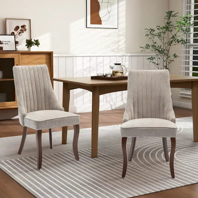 Upholstered Dining Chairs - 19.7"W x 25"D x 37.5"H, High Backrest, Foam/Springs, Solid Wood Legs, 2 Chairs, Beige/Gray