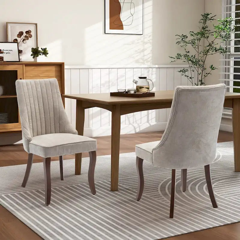 Upholstered Dining Chairs - 19.7"W x 25"D x 37.5"H, High Backrest, Foam/Springs, Solid Wood Legs, 2 Chairs, Beige/Gray