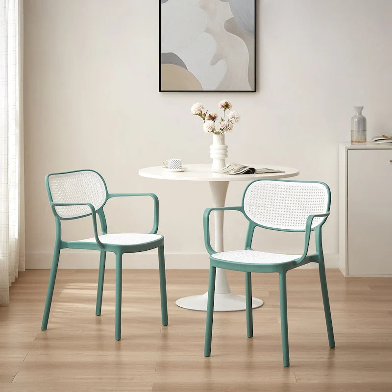 Stackable Dining Chairs - Indoor/Outdoor, Polypropylene, Rattan Style, 330 lbs, 18.5"H Seat, 2 Chairs, 5 Colors, Modern