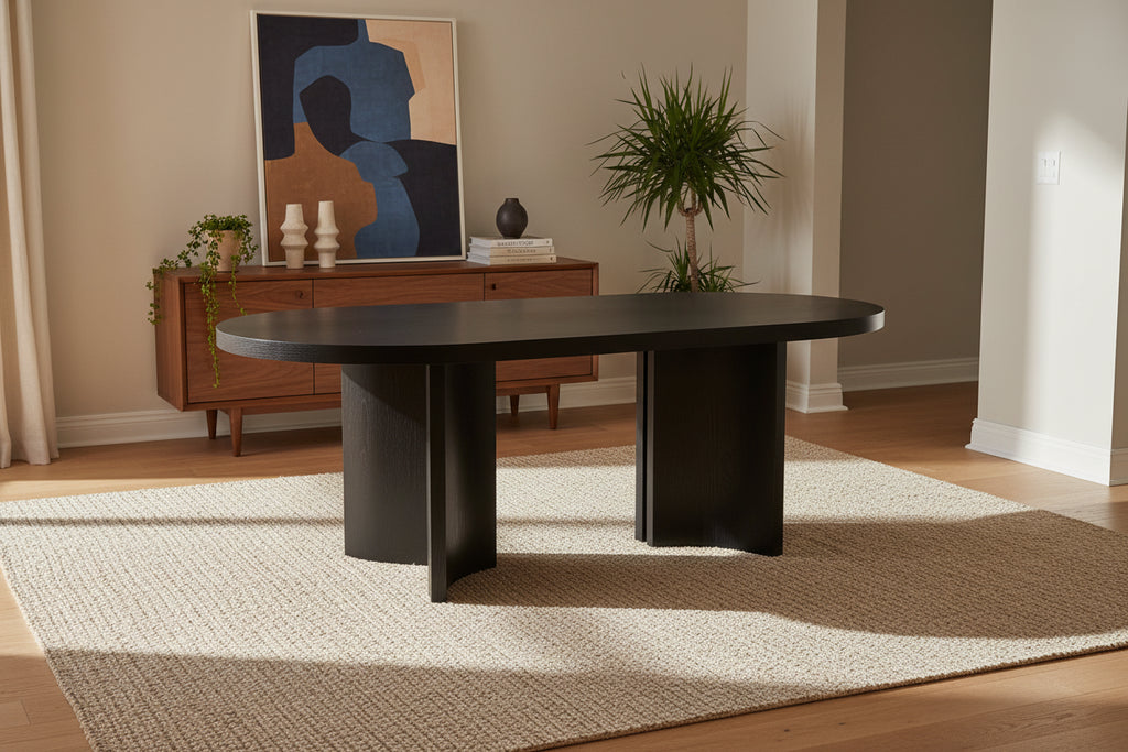 86 Inch Dining Table, Oval Top, Pedestal Base, Curved, Black Finish