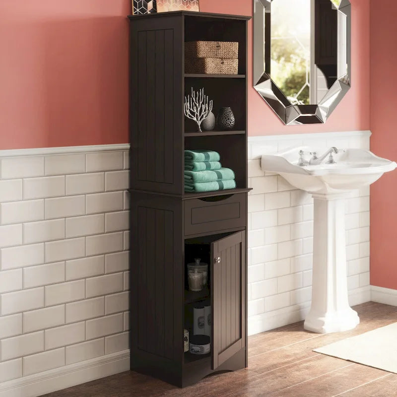 Tall Bathroom Storage Cabinet - 60"H with Drawer & Shelves, MDF Construction, Beadboard Design, Linen Tower, 130 lbs Capacity