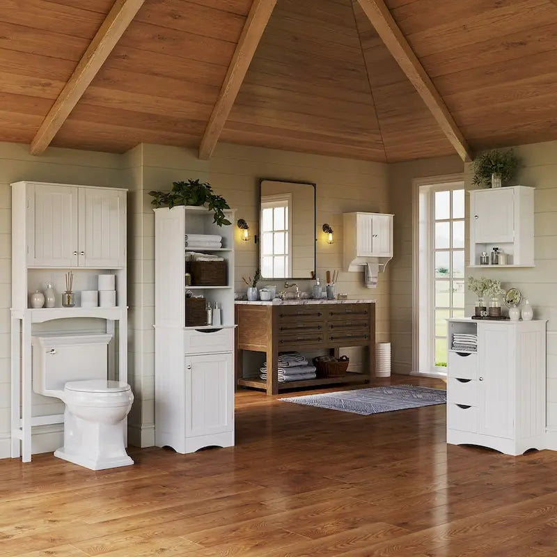 Tall Bathroom Storage Cabinet - 60"H with Drawer & Shelves, MDF Construction, Beadboard Design, Linen Tower, 130 lbs Capacity