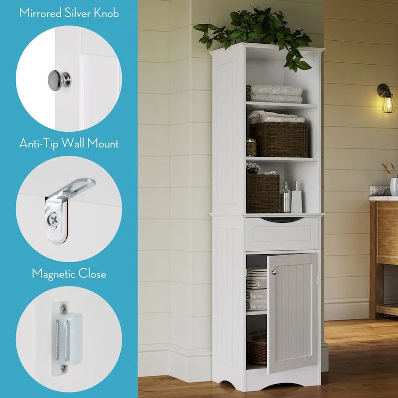 Tall Bathroom Storage Cabinet - 60"H with Drawer & Shelves, MDF Construction, Beadboard Design, Linen Tower, 130 lbs Capacity