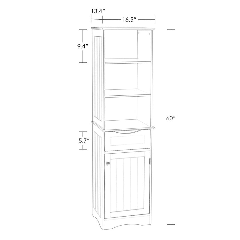 Tall Bathroom Storage Cabinet - 60"H with Drawer & Shelves, MDF Construction, Beadboard Design, Linen Tower, 130 lbs Capacity