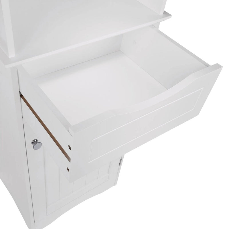 Tall Bathroom Storage Cabinet - 60"H with Drawer & Shelves, MDF Construction, Beadboard Design, Linen Tower, 130 lbs Capacity