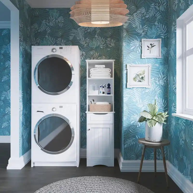 Tall Bathroom Storage Cabinet - 60"H with Drawer & Shelves, MDF Construction, Beadboard Design, Linen Tower, 130 lbs Capacity