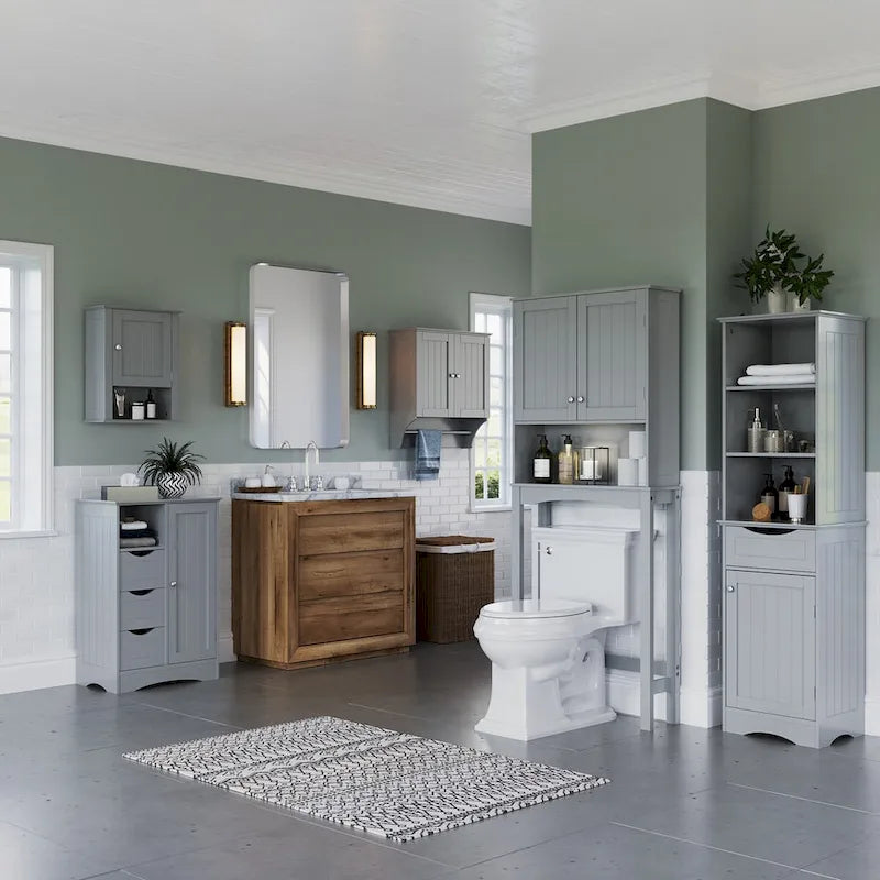 Tall Bathroom Storage Cabinet - 60"H with Drawer & Shelves, MDF Construction, Beadboard Design, Linen Tower, 130 lbs Capacity