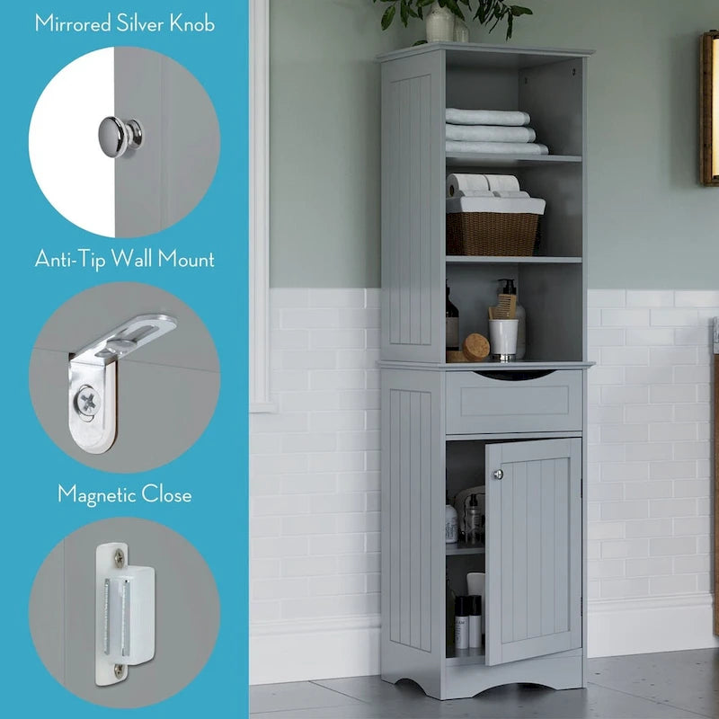 Tall Bathroom Storage Cabinet - 60"H with Drawer & Shelves, MDF Construction, Beadboard Design, Linen Tower, 130 lbs Capacity