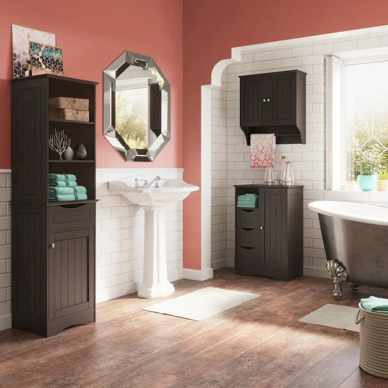 Tall Bathroom Storage Cabinet - 60"H with Drawer & Shelves, MDF Construction, Beadboard Design, Linen Tower, 130 lbs Capacity