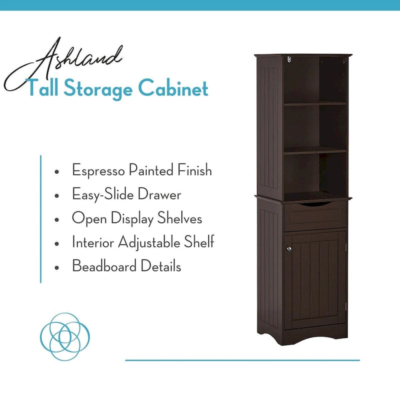 Tall Bathroom Storage Cabinet - 60"H with Drawer & Shelves, MDF Construction, Beadboard Design, Linen Tower, 130 lbs Capacity