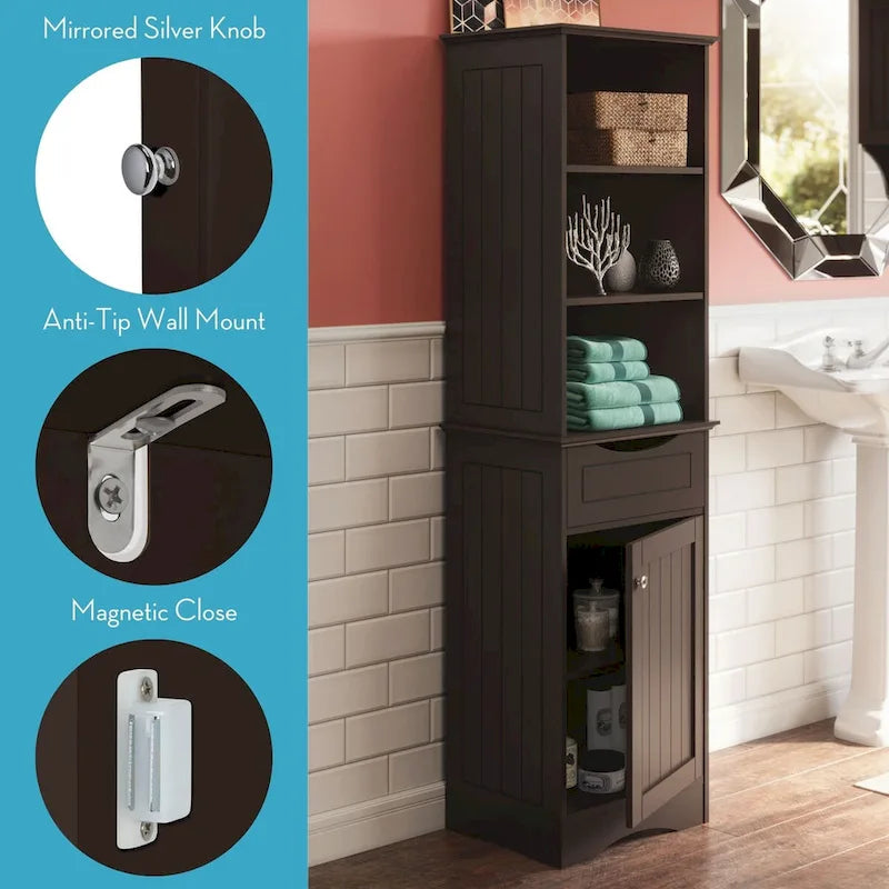 Tall Bathroom Storage Cabinet - 60"H with Drawer & Shelves, MDF Construction, Beadboard Design, Linen Tower, 130 lbs Capacity