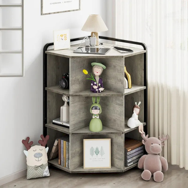 Corner Cabinet - 30"L x 21.8"W x 35.5"H, USB Ports, Outlets, Triangle Design, MDF/Metal, 55 lbs Capacity, Grey, Industrial