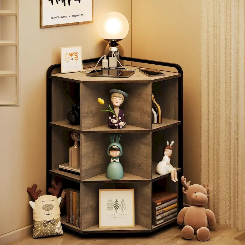 Corner Cabinet - 30"L x 21.8"W x 35.5"H, USB Ports, Outlets, Triangle Design, MDF/Metal, 55 lbs Capacity, Grey, Industrial