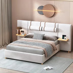 Upholstered Platform Bed - Queen, 82.3"L x 93.5"W x 43.3"H, Velvet, USB Ports, Built-in Pillows, Storage Shelves, 500 lbs
