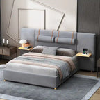 Upholstered Platform Bed - Queen, 82.3"L x 93.5"W x 43.3"H, Velvet, USB Ports, Built-in Pillows, Storage Shelves, 500 lbs