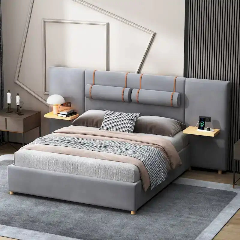 Upholstered Platform Bed - Queen, 82.3"L x 93.5"W x 43.3"H, Velvet, USB Ports, Built-in Pillows, Storage Shelves, 500 lbs