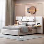 Upholstered Platform Bed - Queen, 82.3"L x 93.5"W x 43.3"H, Velvet, USB Ports, Built-in Pillows, Storage Shelves, 500 lbs