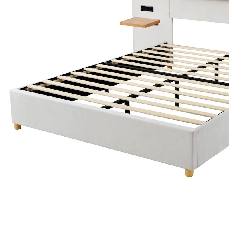 Upholstered Platform Bed - Queen, 82.3"L x 93.5"W x 43.3"H, Velvet, USB Ports, Built-in Pillows, Storage Shelves, 500 lbs