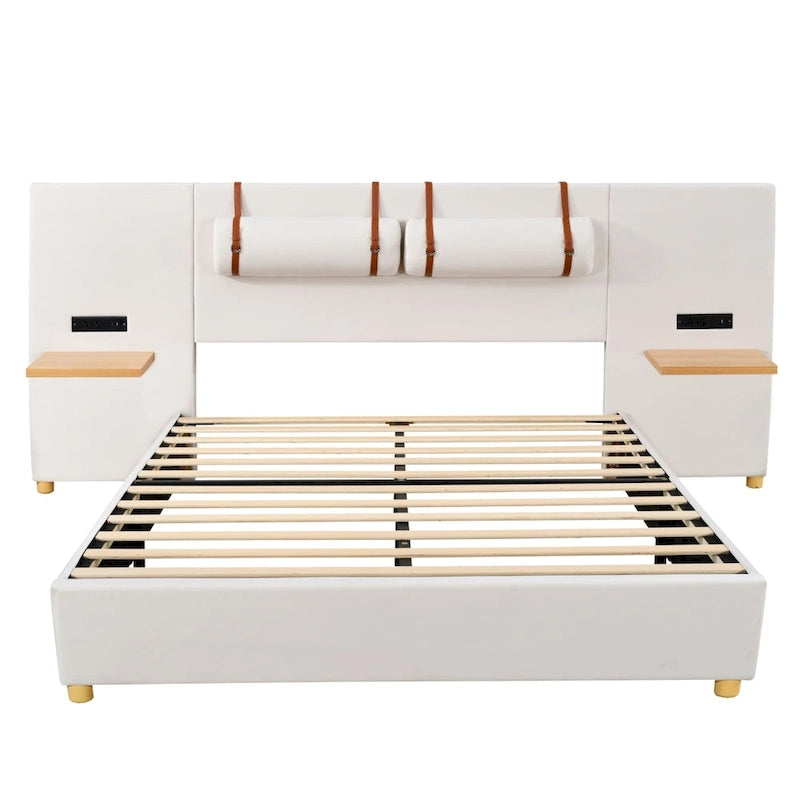 Upholstered Platform Bed - Queen, 82.3"L x 93.5"W x 43.3"H, Velvet, USB Ports, Built-in Pillows, Storage Shelves, 500 lbs
