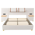 Upholstered Platform Bed - Queen, 82.3"L x 93.5"W x 43.3"H, Velvet, USB Ports, Built-in Pillows, Storage Shelves, 500 lbs