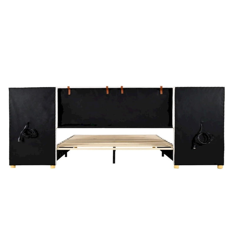 Upholstered Platform Bed - Queen, 82.3"L x 93.5"W x 43.3"H, Velvet, USB Ports, Built-in Pillows, Storage Shelves, 500 lbs