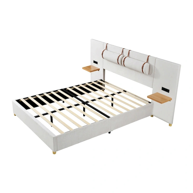 Upholstered Platform Bed - Queen, 82.3"L x 93.5"W x 43.3"H, Velvet, USB Ports, Built-in Pillows, Storage Shelves, 500 lbs