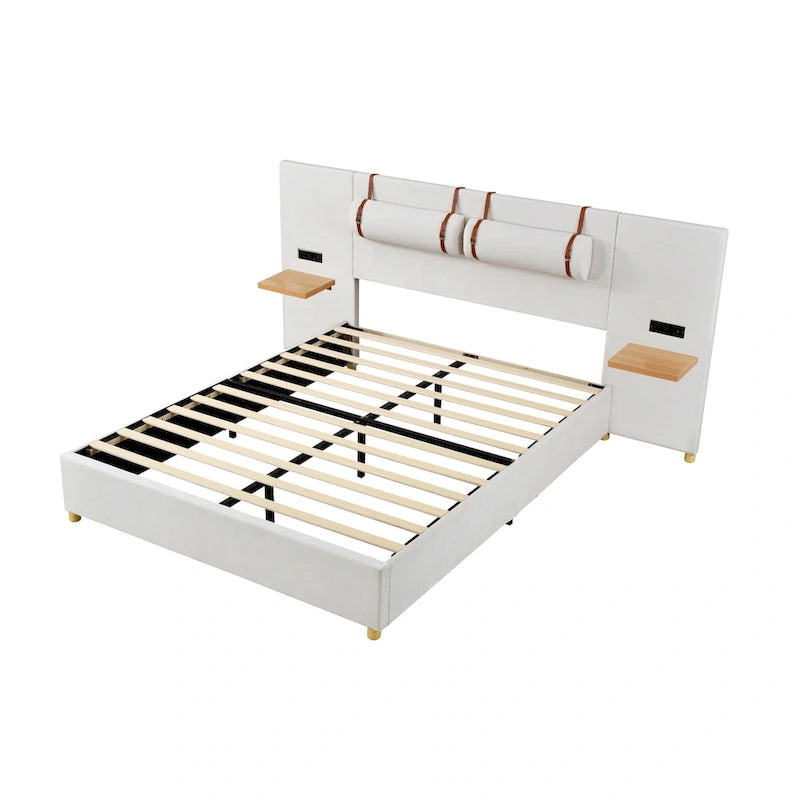 Upholstered Platform Bed - Queen, 82.3"L x 93.5"W x 43.3"H, Velvet, USB Ports, Built-in Pillows, Storage Shelves, 500 lbs