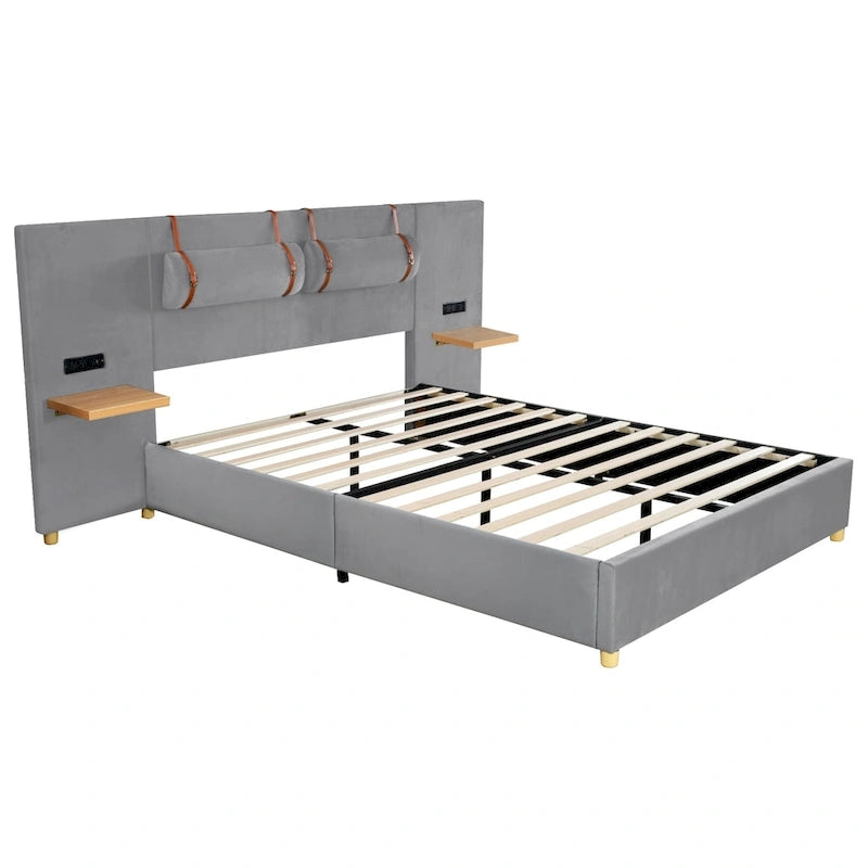 Upholstered Platform Bed - Queen, 82.3"L x 93.5"W x 43.3"H, Velvet, USB Ports, Built-in Pillows, Storage Shelves, 500 lbs