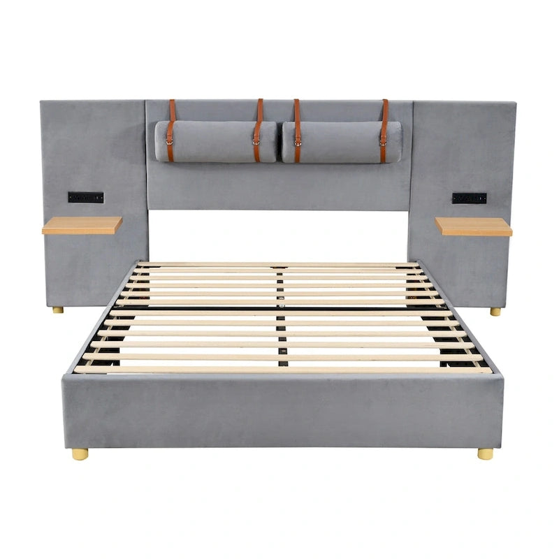 Upholstered Platform Bed - Queen, 82.3"L x 93.5"W x 43.3"H, Velvet, USB Ports, Built-in Pillows, Storage Shelves, 500 lbs