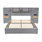 Upholstered Platform Bed - Queen, 82.3"L x 93.5"W x 43.3"H, Velvet, USB Ports, Built-in Pillows, Storage Shelves, 500 lbs