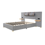 Upholstered Platform Bed - Queen, 82.3"L x 93.5"W x 43.3"H, Velvet, USB Ports, Built-in Pillows, Storage Shelves, 500 lbs