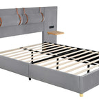 Upholstered Platform Bed - Queen, 82.3"L x 93.5"W x 43.3"H, Velvet, USB Ports, Built-in Pillows, Storage Shelves, 500 lbs