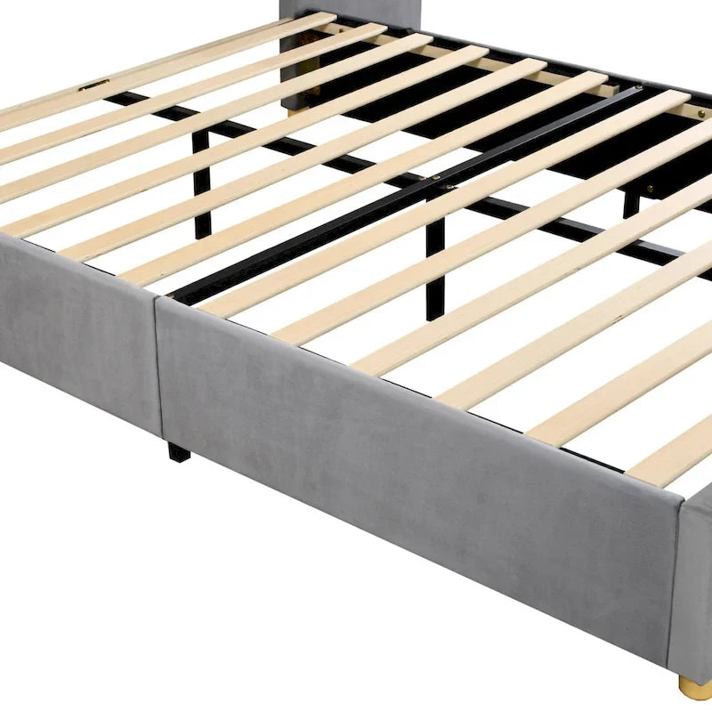 Upholstered Platform Bed - Queen, 82.3"L x 93.5"W x 43.3"H, Velvet, USB Ports, Built-in Pillows, Storage Shelves, 500 lbs