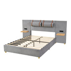 Upholstered Platform Bed - Queen, 82.3"L x 93.5"W x 43.3"H, Velvet, USB Ports, Built-in Pillows, Storage Shelves, 500 lbs