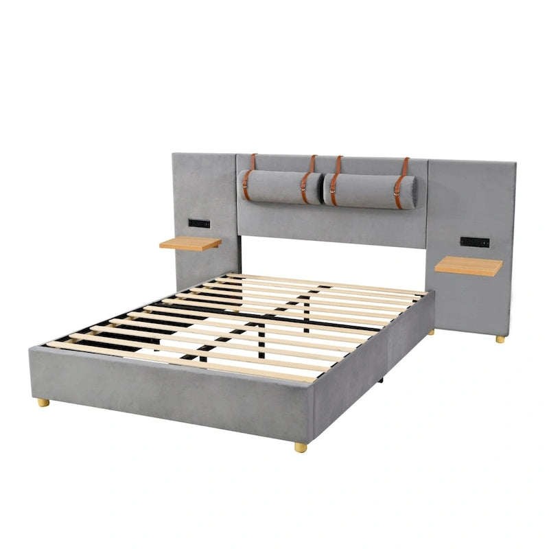 Upholstered Platform Bed - Queen, 82.3"L x 93.5"W x 43.3"H, Velvet, USB Ports, Built-in Pillows, Storage Shelves, 500 lbs