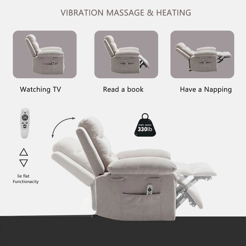 Power Recliner Chair - 8-Point Massage & Heat, 3 Modes, 330 lbs Capacity, Side Pocket, Breathable Fabric
