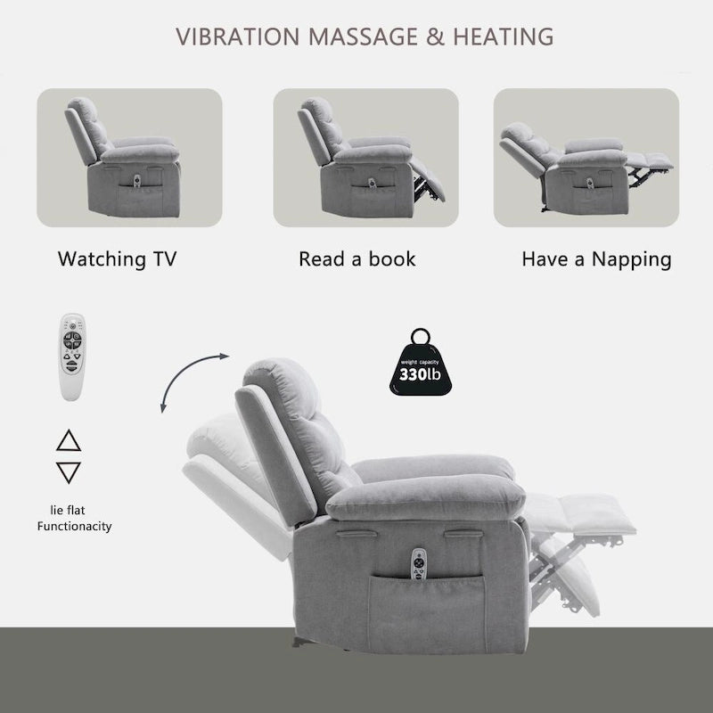 Power Recliner Chair - 8-Point Massage & Heat, 3 Modes, 330 lbs Capacity, Side Pocket, Breathable Fabric
