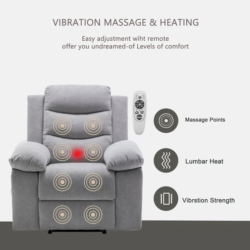 Power Recliner Chair - 8-Point Massage & Heat, 3 Modes, 330 lbs Capacity, Side Pocket, Breathable Fabric