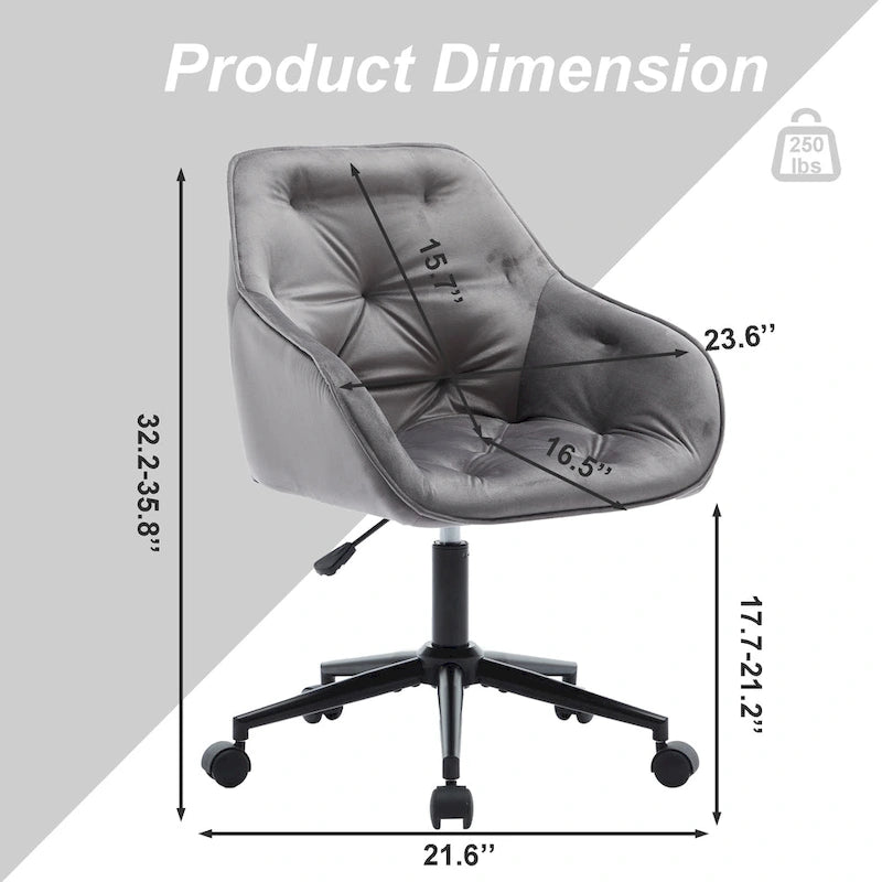 Velvet Office Chair - Swivel, Wide Backrest, Metal Frame, Soft Cushion, 2 Colors, Home Office, Luxury, Grey/Beige