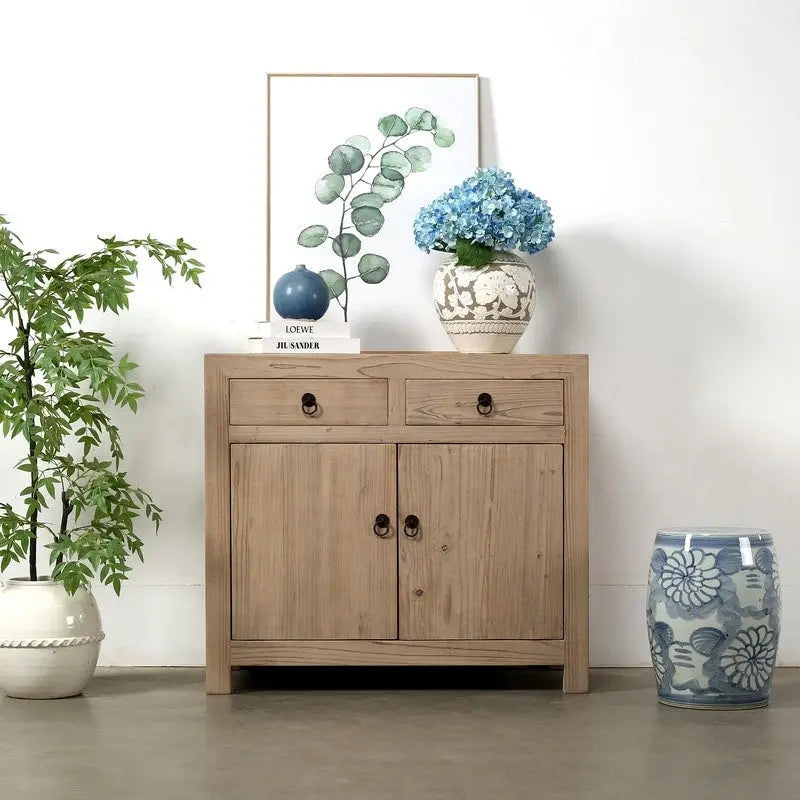 Storage Cabinet - 2 Drawers, 40"H, Solid Pine, Weathered Natural Finish, Rustic Farmhouse, Vintage Style, Beige
