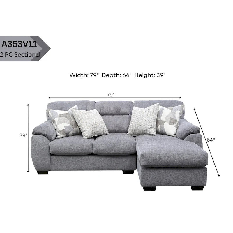 L-Shaped Sofa - Chenille, Slate Grey, Seats 5, Pillow Arms, 4 Accent Pillows, Left/Right Facing, Modern