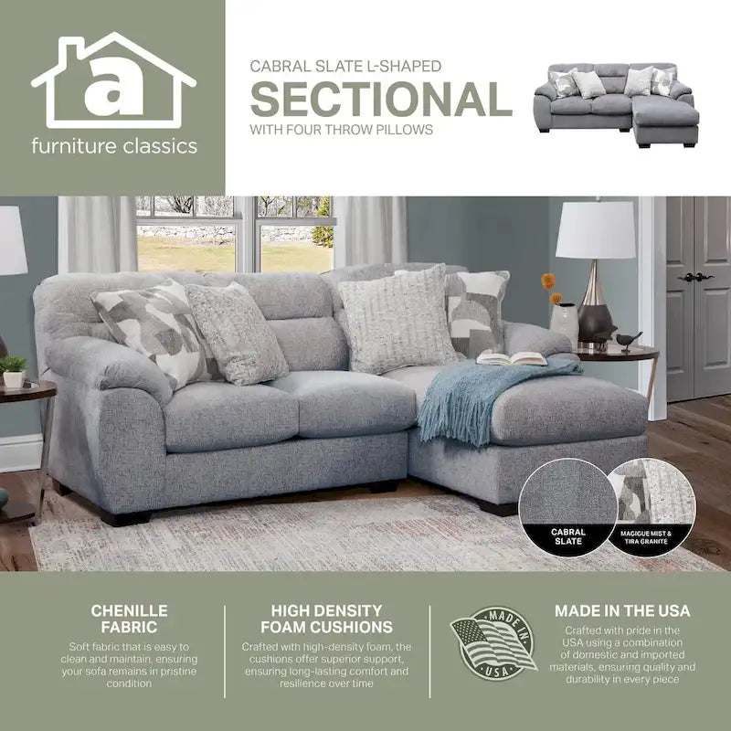 L-Shaped Sofa - Chenille, Slate Grey, Seats 5, Pillow Arms, 4 Accent Pillows, Left/Right Facing, Modern
