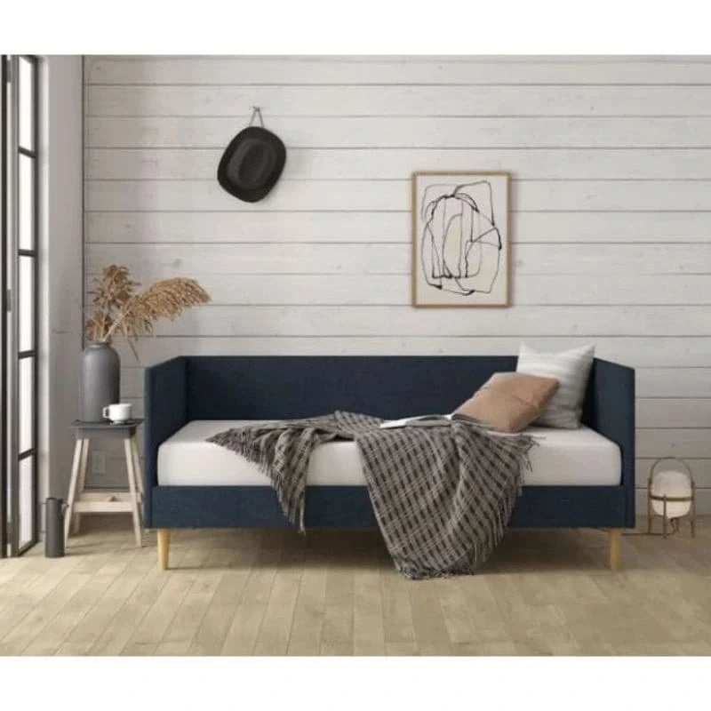 Daybed - Twin, 78"L x 41.5"W x 33"H, Linen Upholstered, Tapered Legs, No Box Spring, Dark Blue, Mid-Century