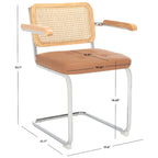 Dining Arm Chair - 26"W x 22"D x 34"H, Rattan Back, Tufted Seat, Cantilevered Steel Legs, Cognac, Padded Arms, 19" Seat