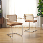 Dining Arm Chair - 26"W x 22"D x 34"H, Rattan Back, Tufted Seat, Cantilevered Steel Legs, Cognac, Padded Arms, 19" Seat