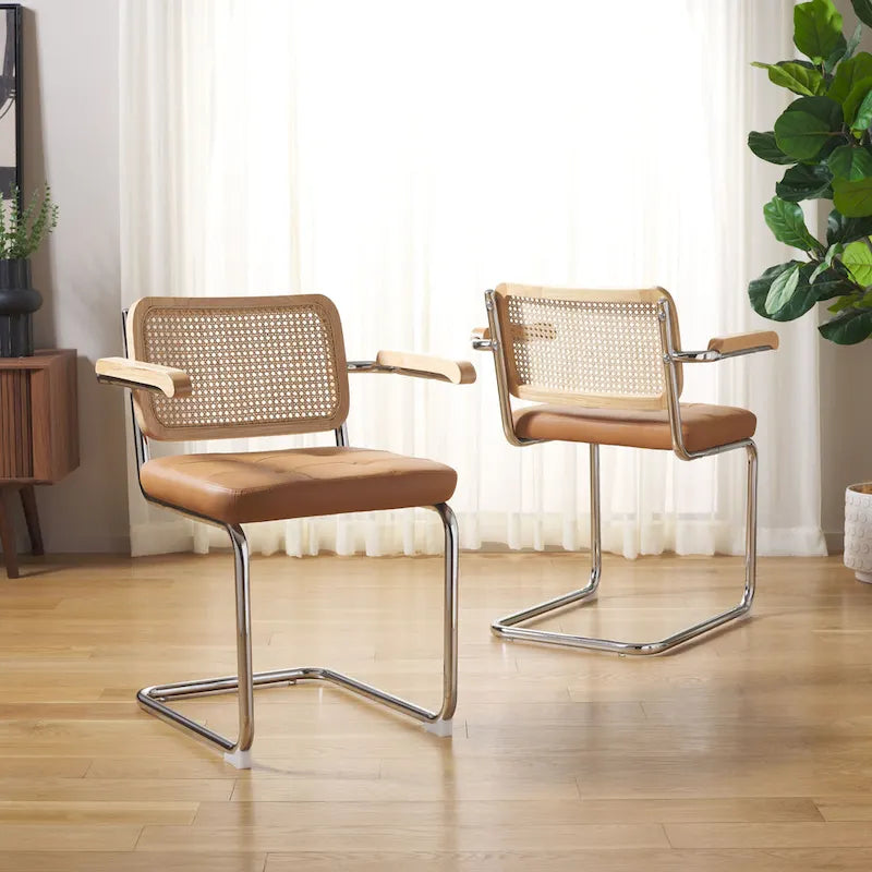 Dining Arm Chair - 26"W x 22"D x 34"H, Rattan Back, Tufted Seat, Cantilevered Steel Legs, Cognac, Padded Arms, 19" Seat