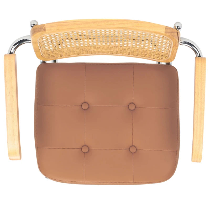 Dining Arm Chair - 26"W x 22"D x 34"H, Rattan Back, Tufted Seat, Cantilevered Steel Legs, Cognac, Padded Arms, 19" Seat