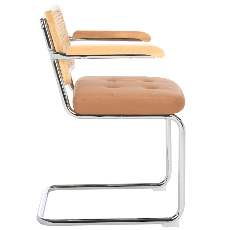Dining Arm Chair - 26"W x 22"D x 34"H, Rattan Back, Tufted Seat, Cantilevered Steel Legs, Cognac, Padded Arms, 19" Seat