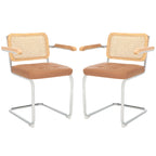 Dining Arm Chair - 26"W x 22"D x 34"H, Rattan Back, Tufted Seat, Cantilevered Steel Legs, Cognac, Padded Arms, 19" Seat